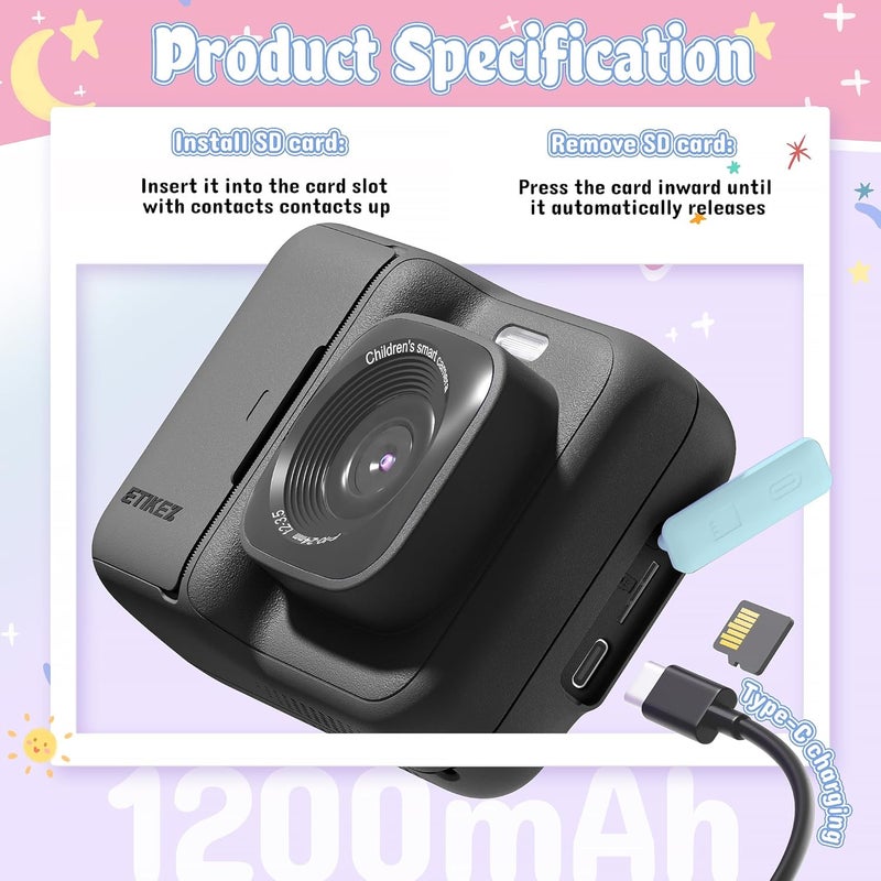 ETIKEZ Kids Camera, 1080P Instant Digital Print Camera for Kids, Christmas Birthday Gifts for 4 5 6 7 8 9 10 Year Old Girls Boys, Portable Toy with 32GB SD Card & 3 Rolls Printing Paper, Black - Image 5